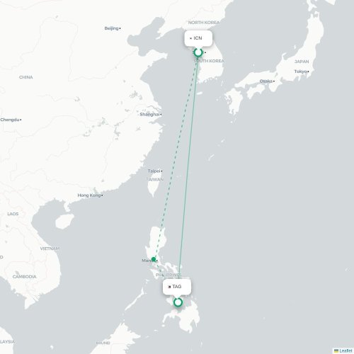 Mapa lotu bezpośredniego Inczhon – Panglao