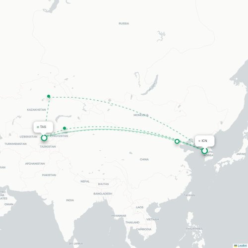 Mapa lotu bezpośredniego Inczhon – Taszkent