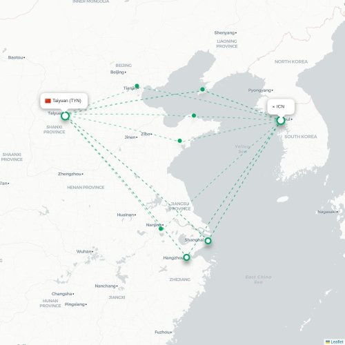Mapa lotu bezpośredniego Inczhon – Taiyuan