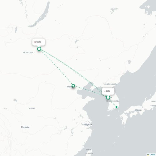 Mapa lotu bezpośredniego Inczhon – Ułan Bator