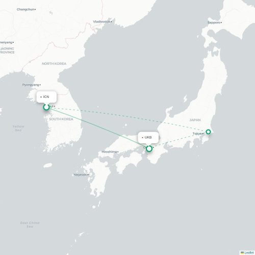 Mapa lotu bezpośredniego Inczhon – Kōbe