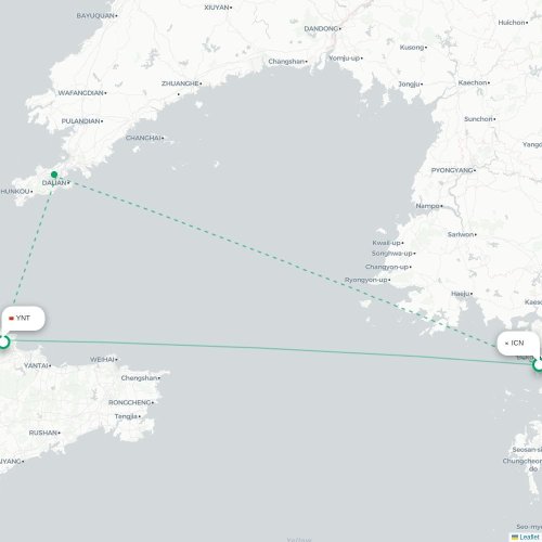 Mapa lotu bezpośredniego Inczhon – Yantai