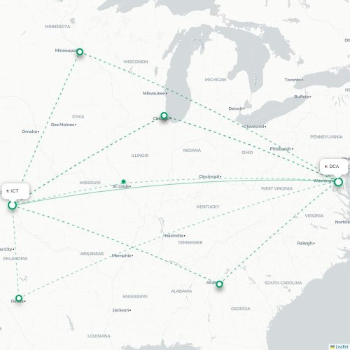 Mapa de vuelo directo Wichita - Washington D. C.