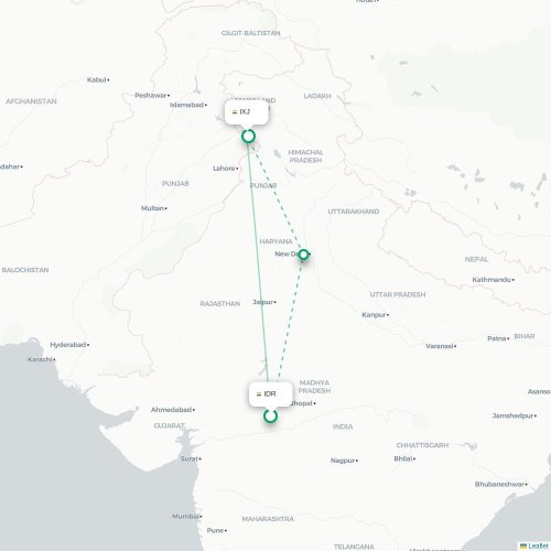 Mapa de vuelo directo Indore - Jammu