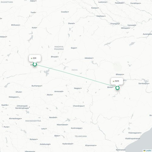 Mapa de vuelo directo Indore - Raipur