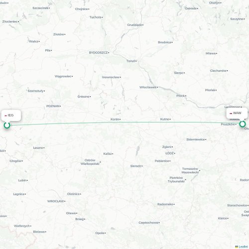 Mapa de vuelo directo Zielona Góra - Varsovia