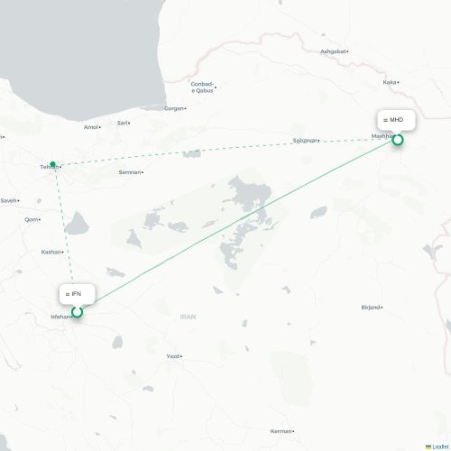 Mapa lotu bezpośredniego Isfahan – Meszhed