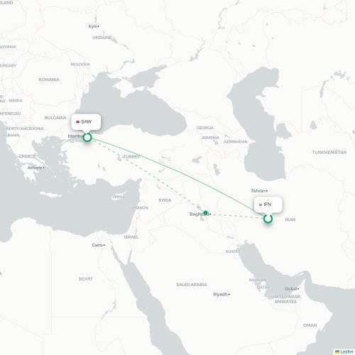 Mapa lotu bezpośredniego Isfahan – Stambuł