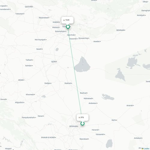 Mapa lotu bezpośredniego Isfahan – Teheran