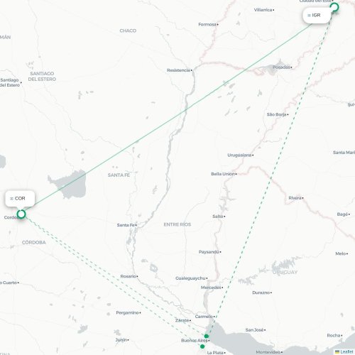 Mapa lotu bezpośredniego Puerto Iguazú – Kordoba