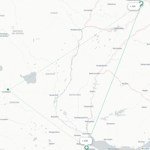 Mapa lotu bezpośredniego Puerto Iguazú – Buenos Aires