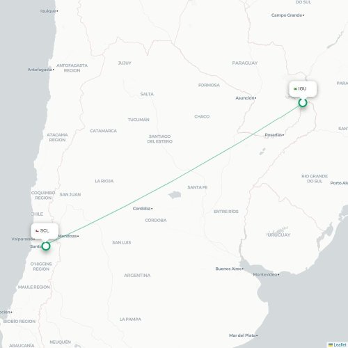 Mapa de vuelo directo Foz de Iguazu - Santiago de Chile