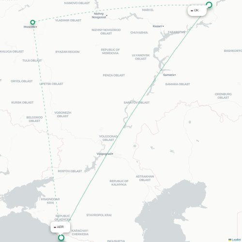 Mapa de vuelo directo Izhevsk - Sochi