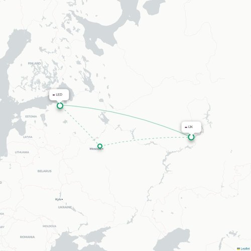 Mapa de vuelo directo Izhevsk - San Petersburgo