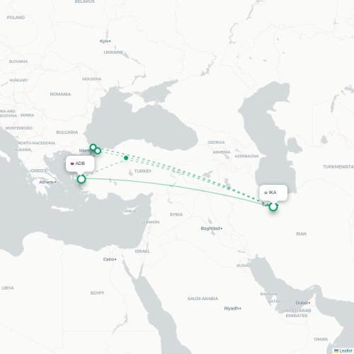 Mapa lotu bezpośredniego Teheran – Izmir