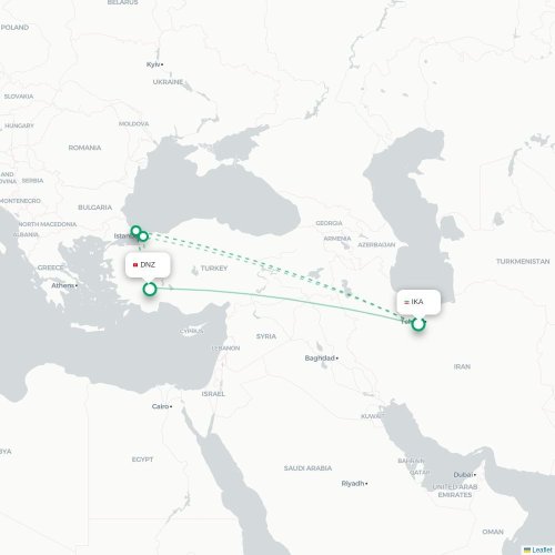 Mapa lotu bezpośredniego Teheran – Denizli