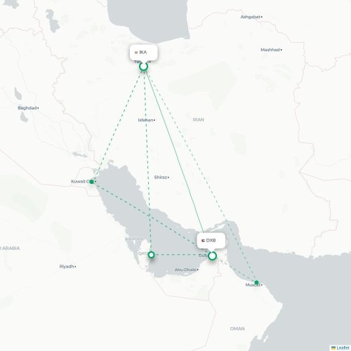 Mapa lotu bezpośredniego Teheran – Dubaj