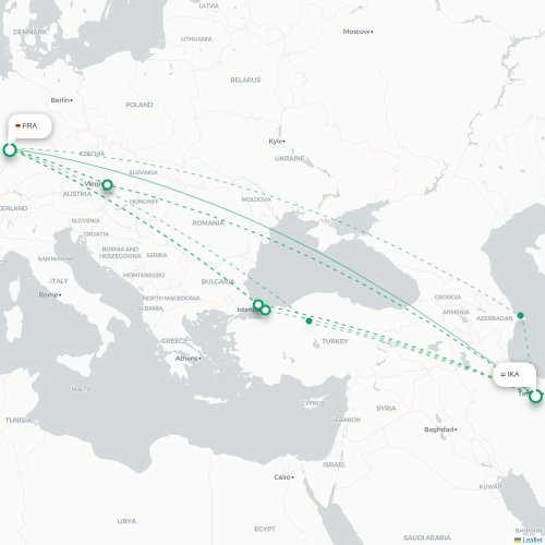 Mapa lotu bezpośredniego Teheran – Frankfurt nad Menem