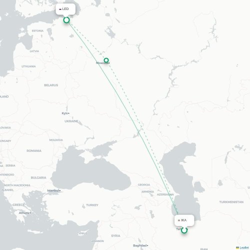 Mapa lotu bezpośredniego Teheran – Sankt Petersburg