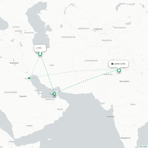 Mapa de vuelo directo Teherán - Lahore