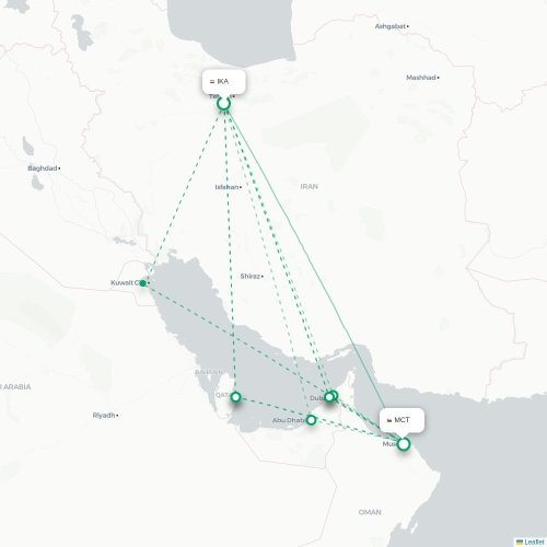 Mapa lotu bezpośredniego Teheran – Maskat