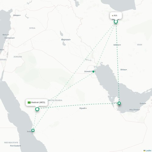 Mapa lotu bezpośredniego Teheran – Medyna