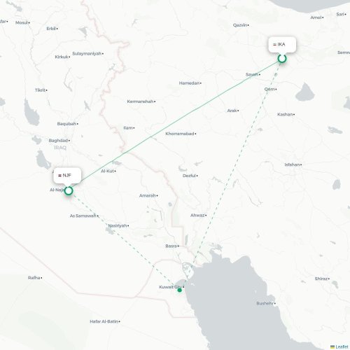 Mapa de vuelo directo Teherán - Nayaf