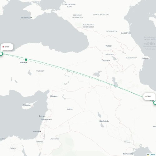 Mapa lotu bezpośredniego Teheran – Stambuł