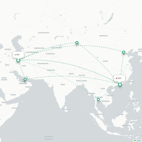 Mapa lotu bezpośredniego Teheran – Shenzhen