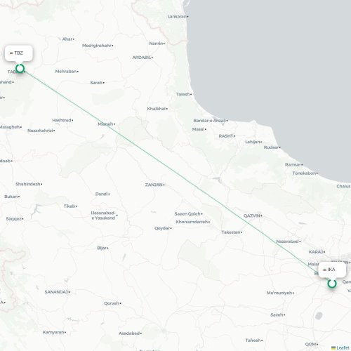 Mapa de vuelo directo Teherán - Tabriz