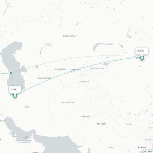 Mapa lotu bezpośredniego Teheran – Urumczi