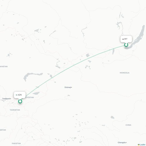 Mapa de vuelo directo Irkutsk - Andiján