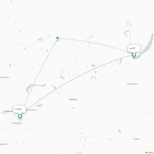 Mapa de vuelo directo Irkutsk - Ferganá