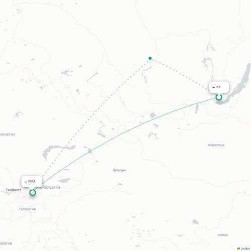 Mapa de vuelo directo Irkutsk - Namangán