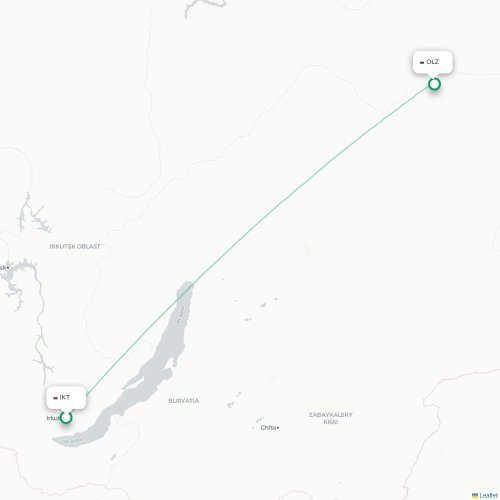 Mapa de vuelo directo Irkutsk - Olyokminsk