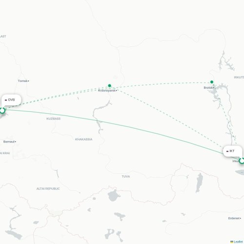 Mapa de vuelo directo Irkutsk - Novosibirsk