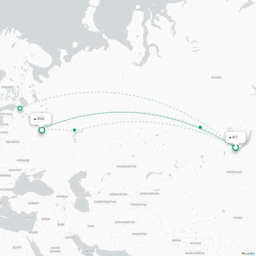 Mapa de vuelo directo Irkutsk - Moscú