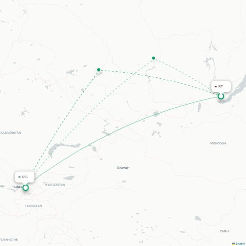 Mapa de vuelo directo Irkutsk - Taskent