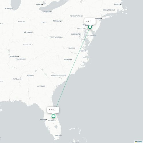 Mapa lotu bezpośredniego Wilmington – Orlando