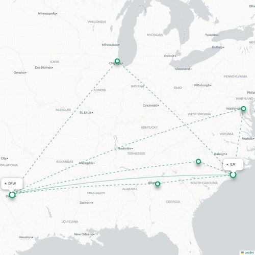 Mapa lotu bezpośredniego Wilmington – Dallas