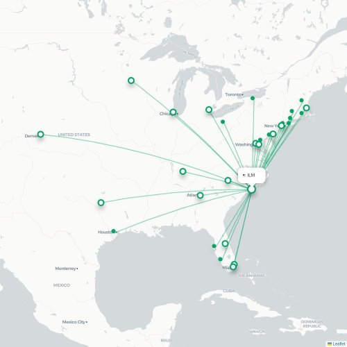 Mapa de vuelo directo Wilmington - Charlotte