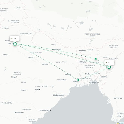 Imphal – New Delhi suoran lennon kartta