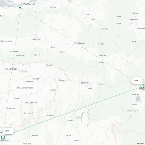 Imphal – Agartala suoran lennon kartta