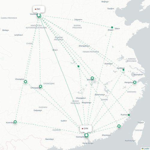 Mapa de vuelo directo Yinchuan - Cantón