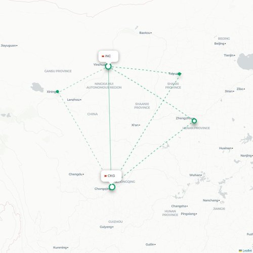 Mapa de vuelo directo Yinchuan - Chongqing