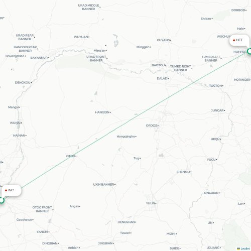 Mapa de vuelo directo Yinchuan - Hohhot