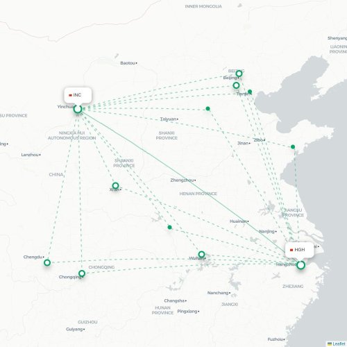 Mapa de vuelo directo Yinchuan - Hangzhou