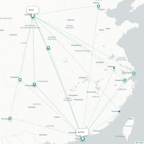 Mapa de vuelo directo Yinchuan - Hong Kong