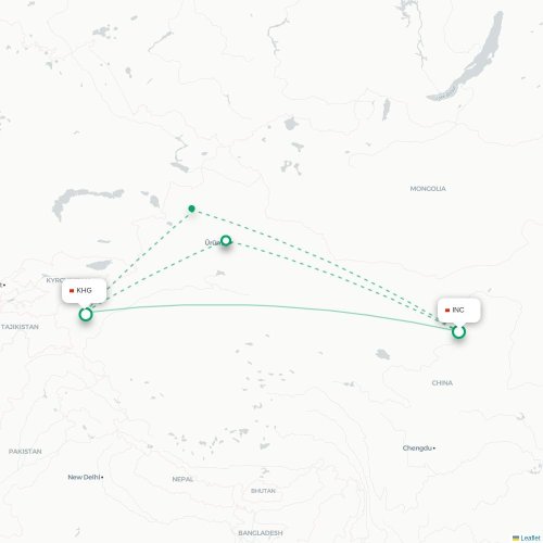 Mapa de vuelo directo Yinchuan - Kasgar