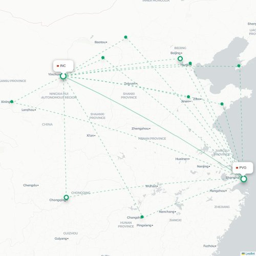 Mapa de vuelo directo Yinchuan - Shangai